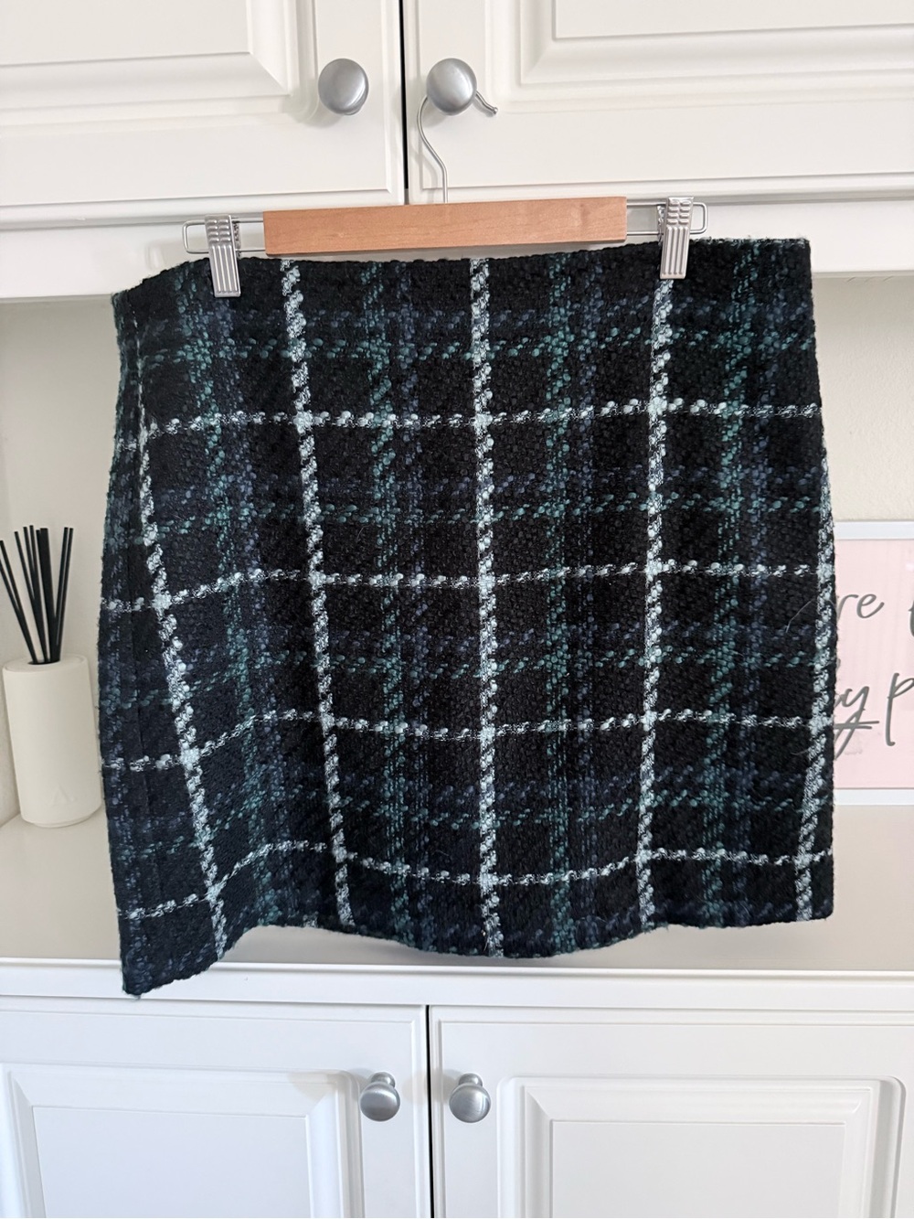 LOFT Black Plaid Mini Skirt with Teal and Gray Windowpane